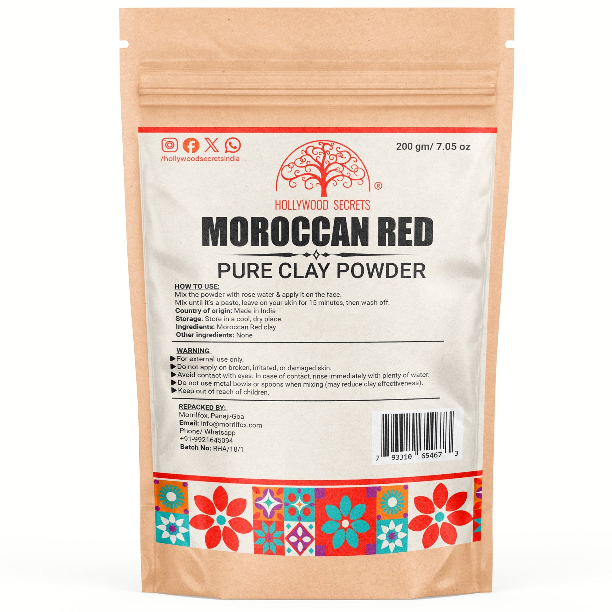 Pure Moroccan Red Clay 200Gms Hollywood Secrets