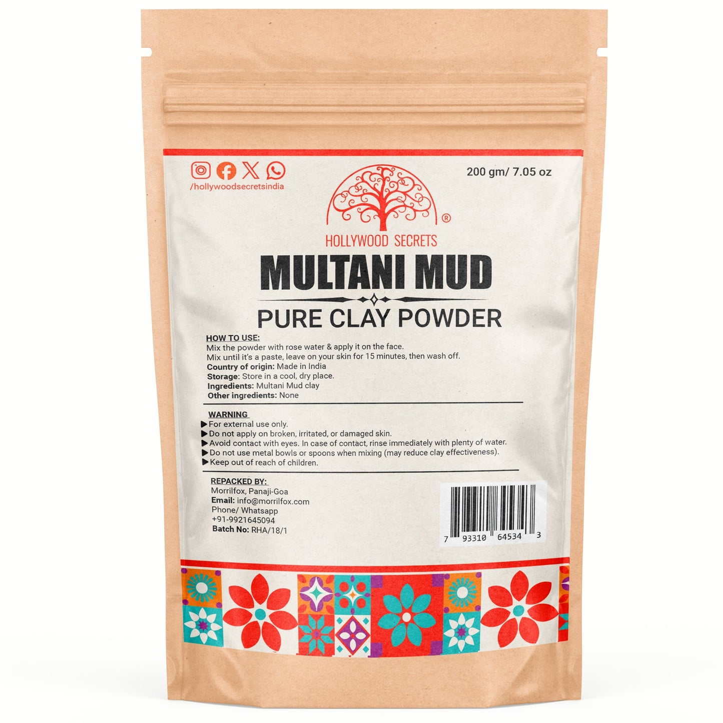 Multani Mitti Powder Fuller Earth Mud PaCK 200 gms Hollywood Secrets