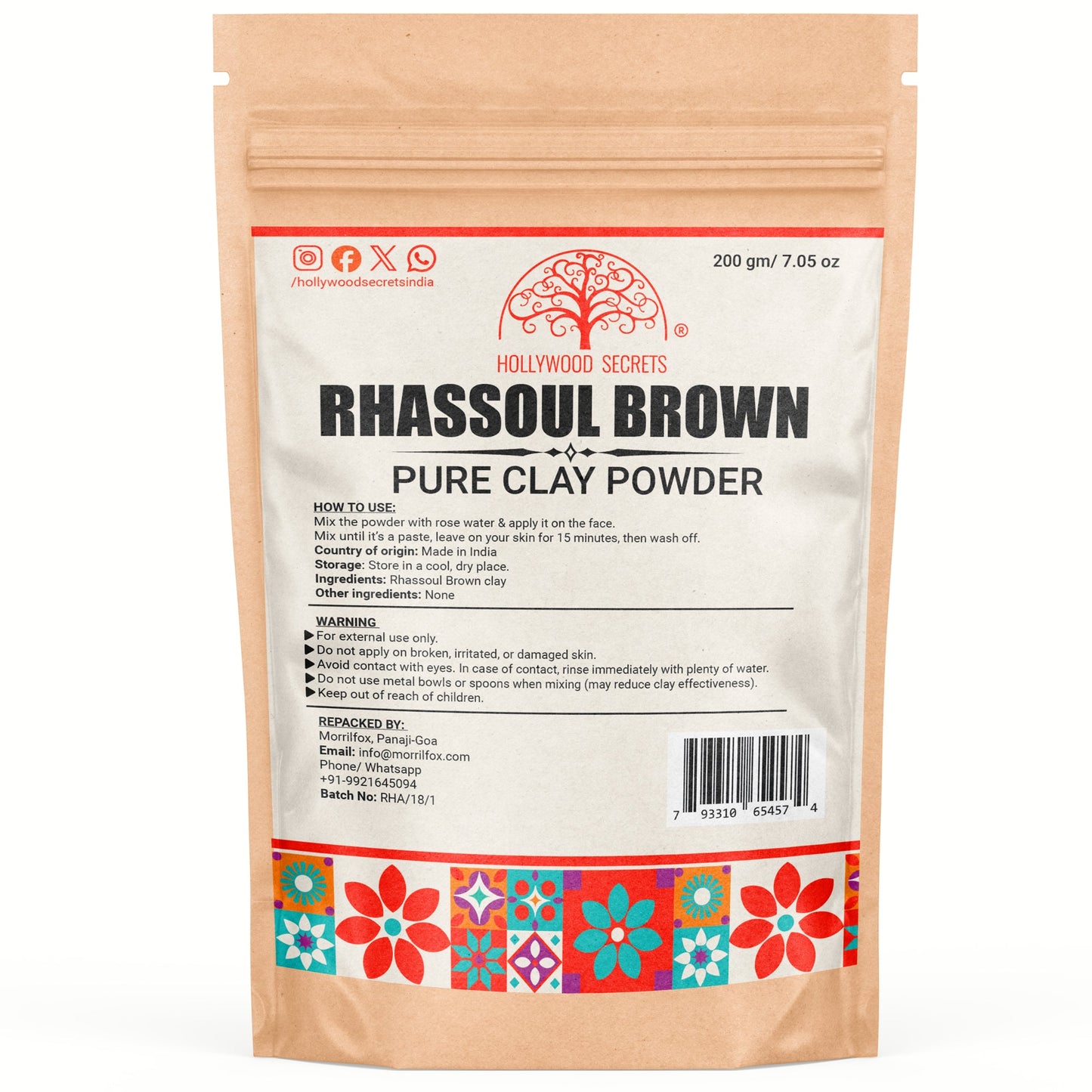 Pure Rhassoul Brown Clay Powder 200Gms Hollywood Secrets