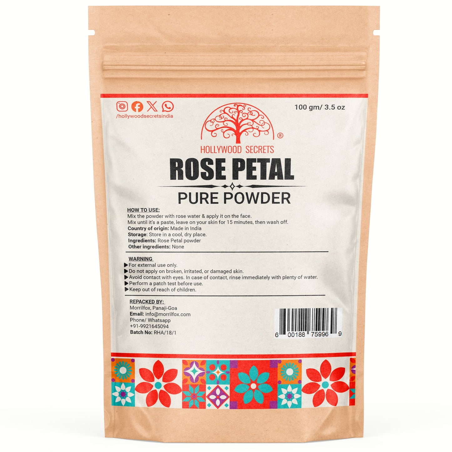 Natural Rose Petal Powder For Skin (100 Gms) hollywoodsecrets
