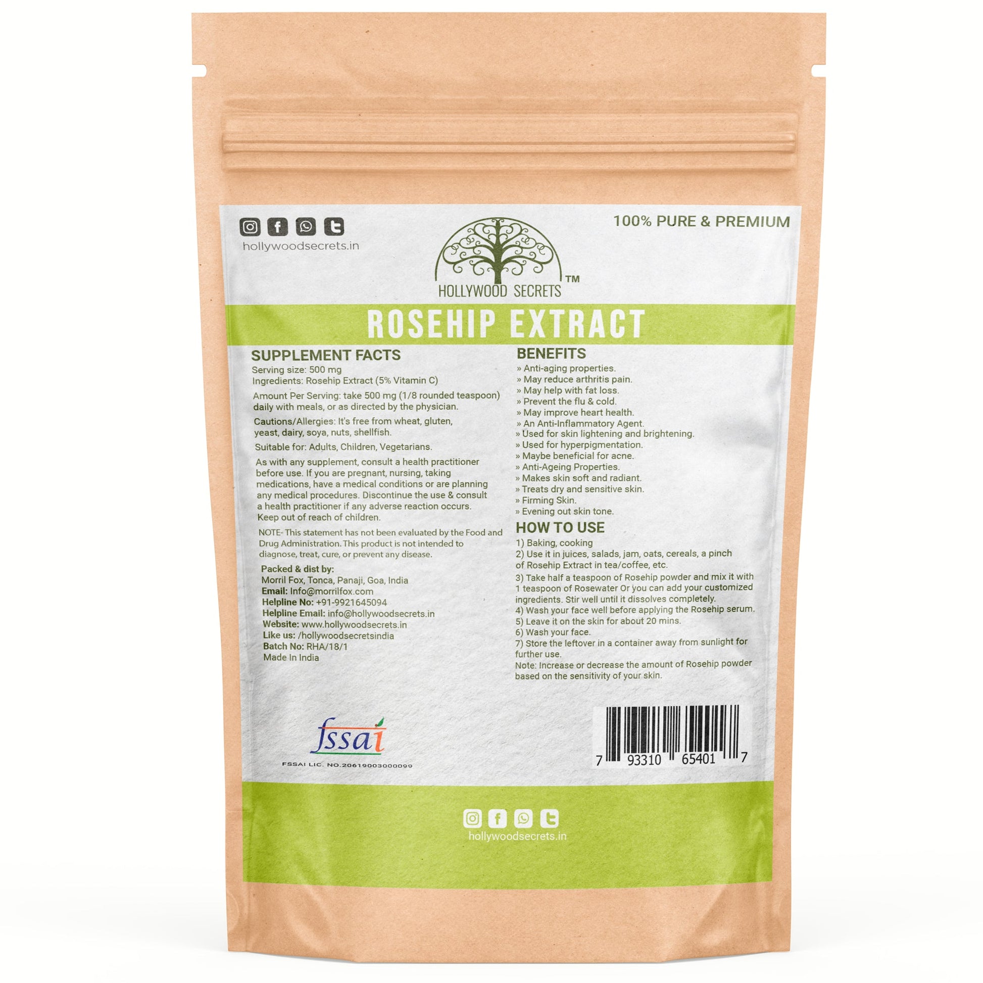 Pure Rosehip Extract Powder 5% Vitamin C 50gm Hollywood Secrets