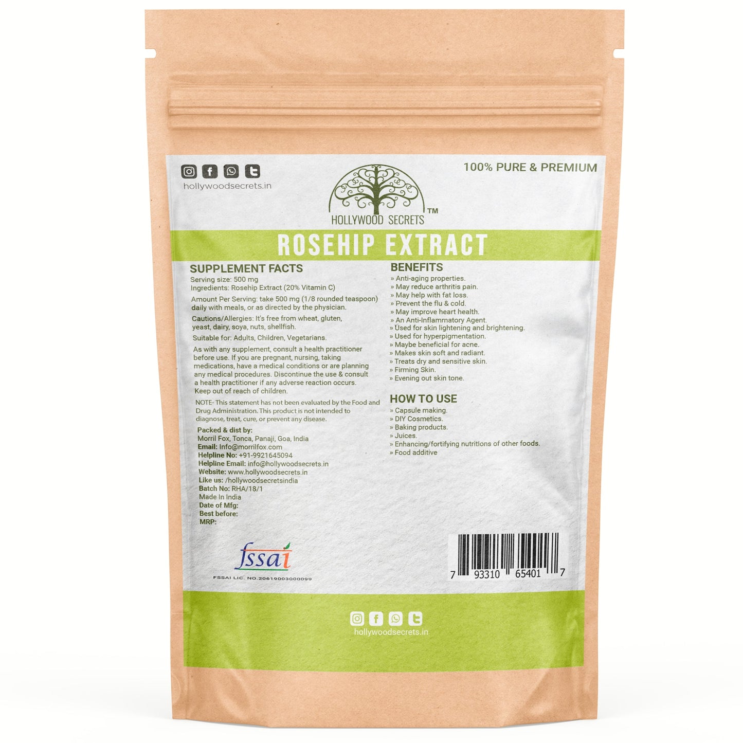 Pure Rosehip Extract Powder 20% Vitamin C 50gm Hollywood Secrets