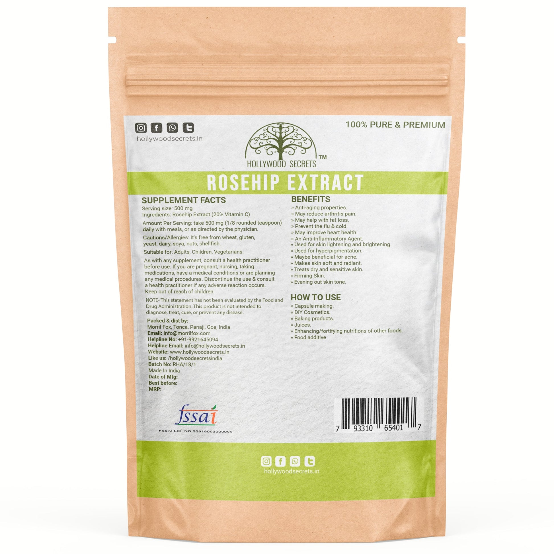 Pure Rosehip Extract Powder 20% Vitamin C 50gm Hollywood Secrets