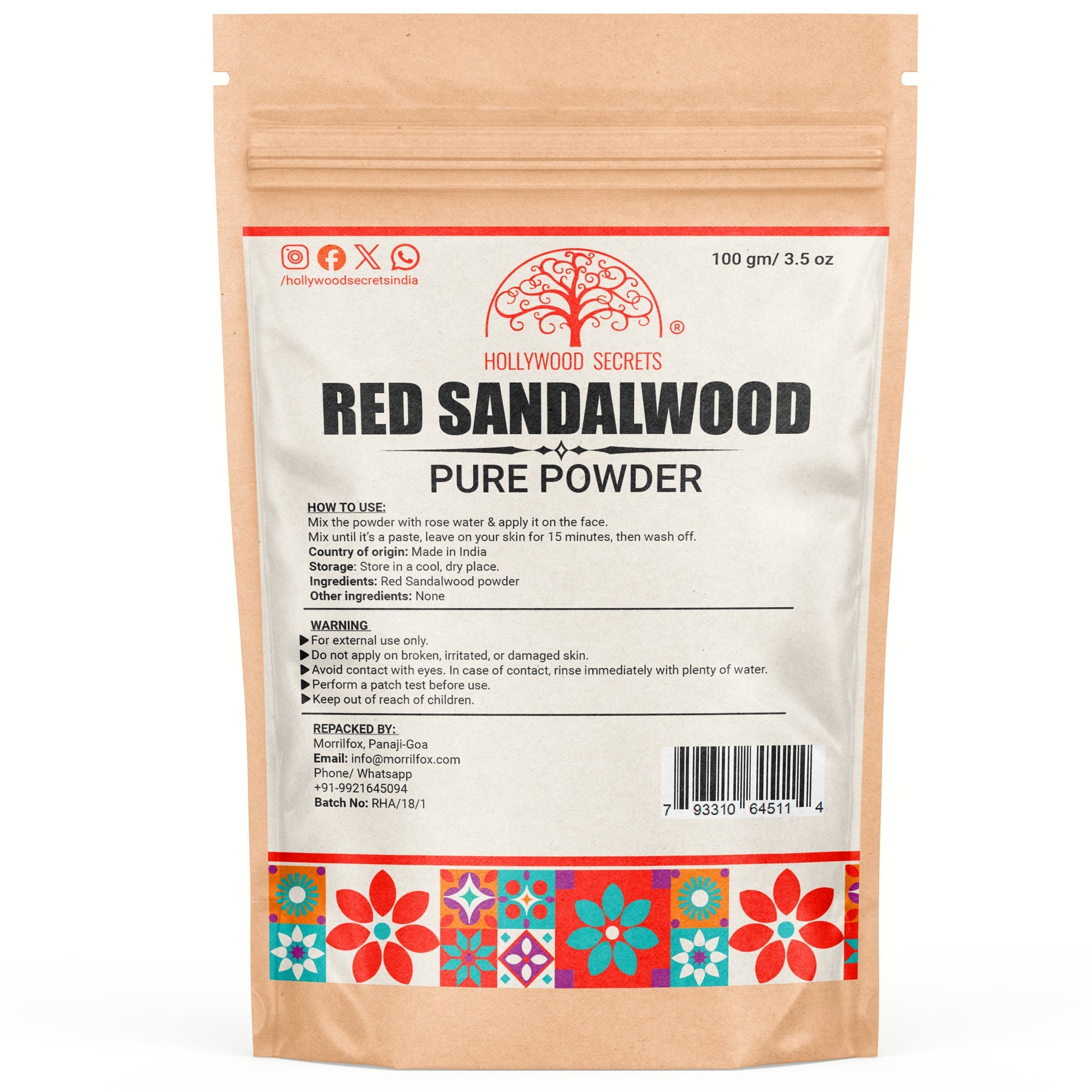 Organic Red Sandalwood Powder Lal Chandan  100 gm Hollywood Secrets