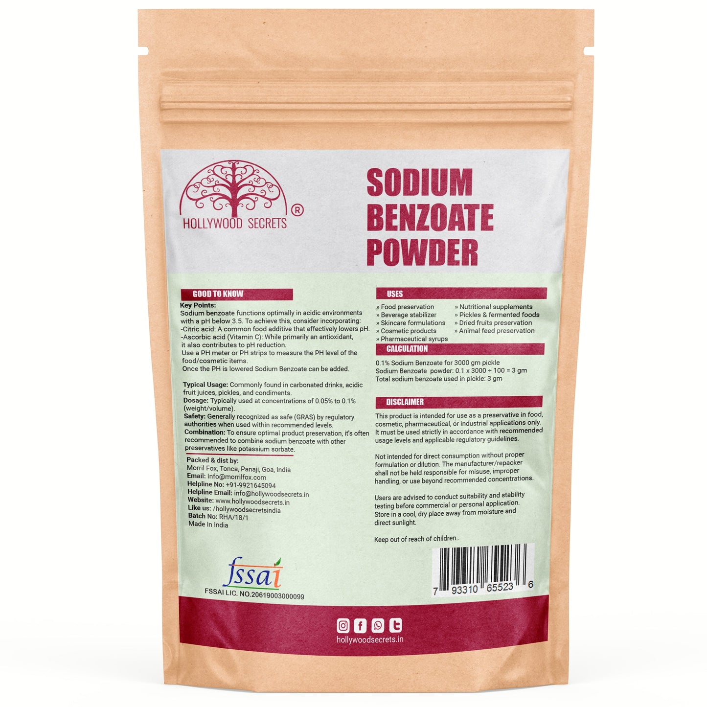Sodium Benzoate Powder 100gm Hollywood Secrets