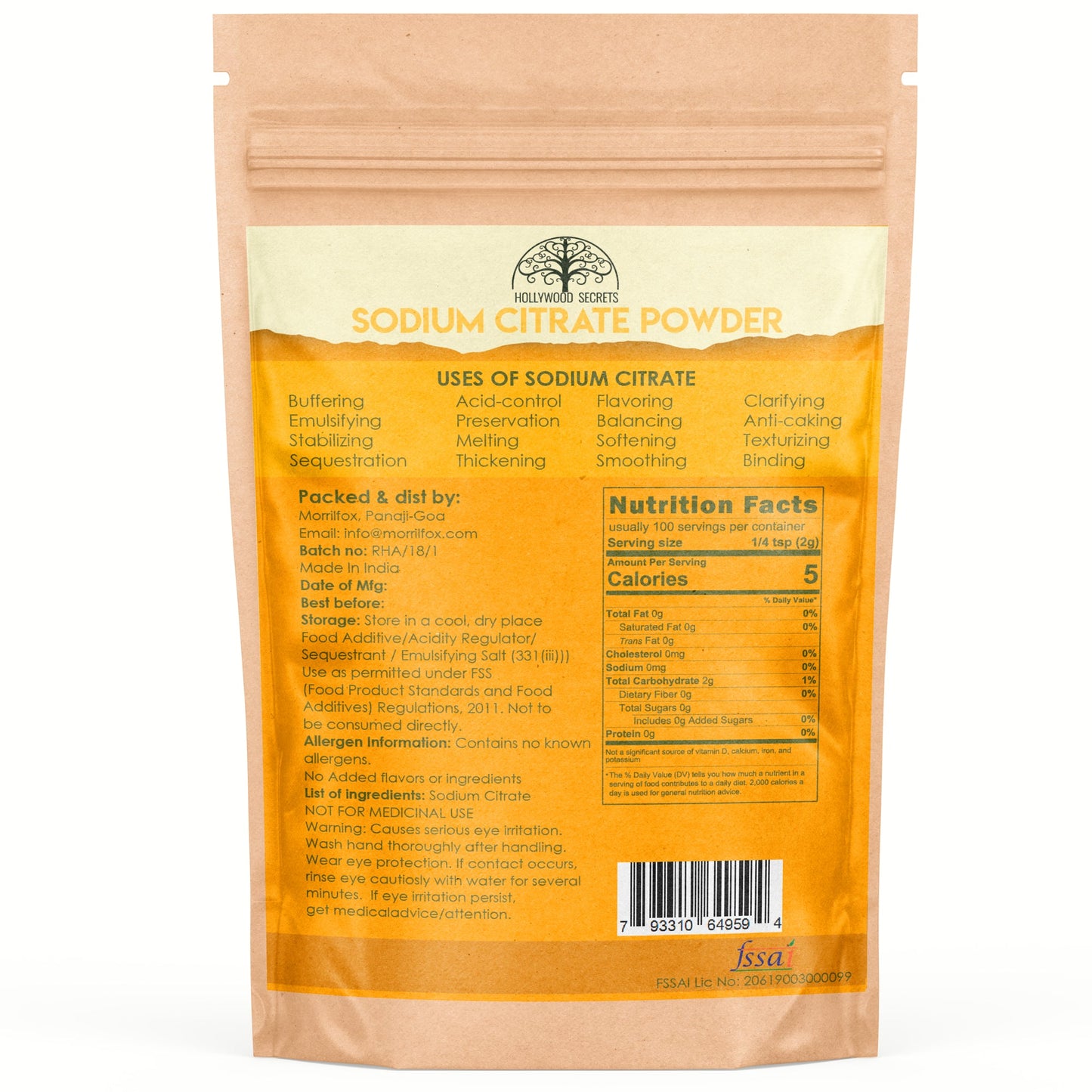 Sodium Citrate Powder 200 gm Hollywood Secrets