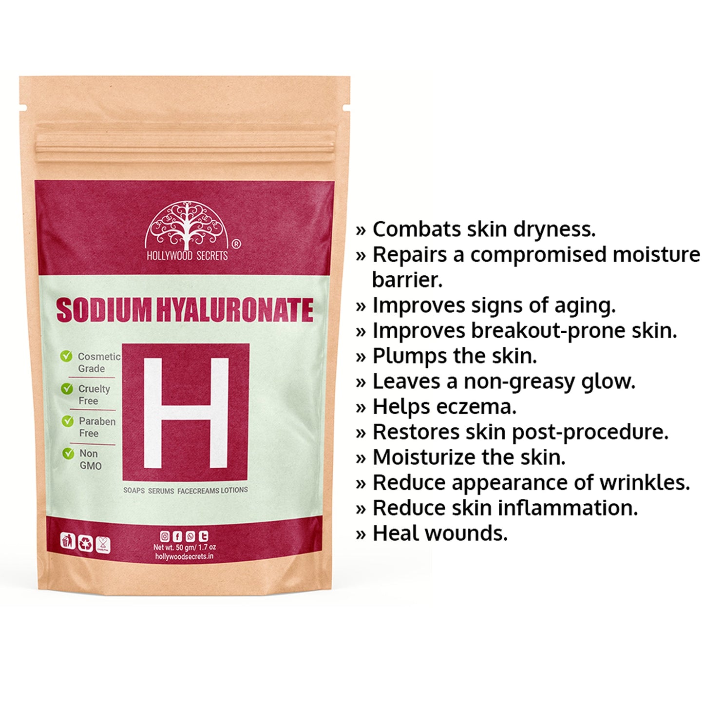 Sodium Hyaluronate Powder 50gms (Pure) Hollywood Secrets