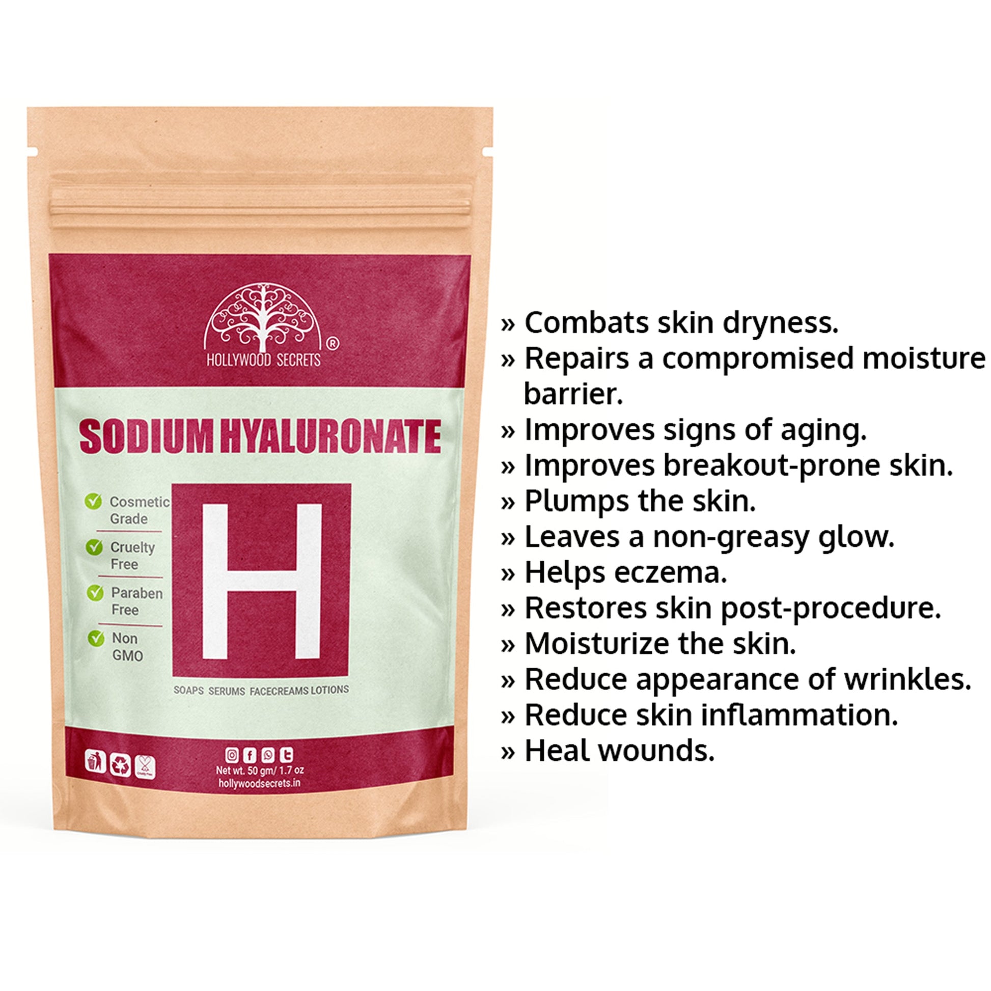 Sodium Hyaluronate Powder 50gms (Pure) Hollywood Secrets