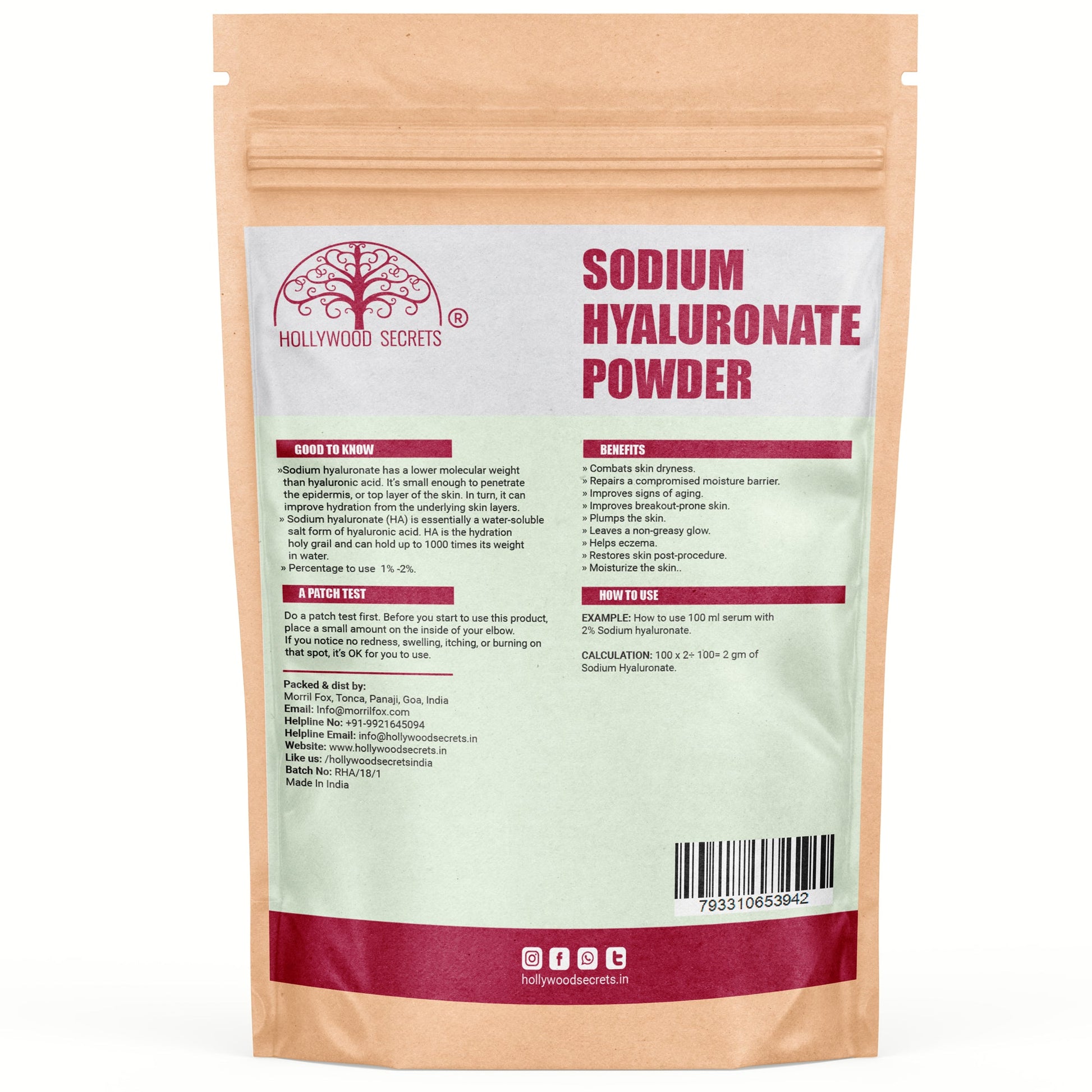 Sodium Hyaluronate Powder 50gms (Pure) Hollywood Secrets