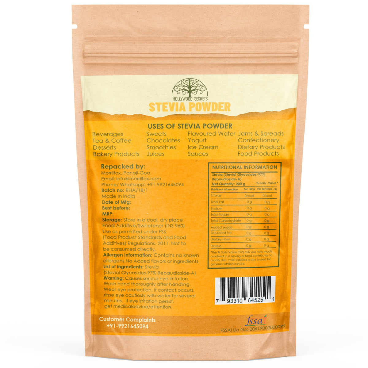 Pure Stevia Powder – Food Grade Sweetener – 200 g Hollywood Secrets