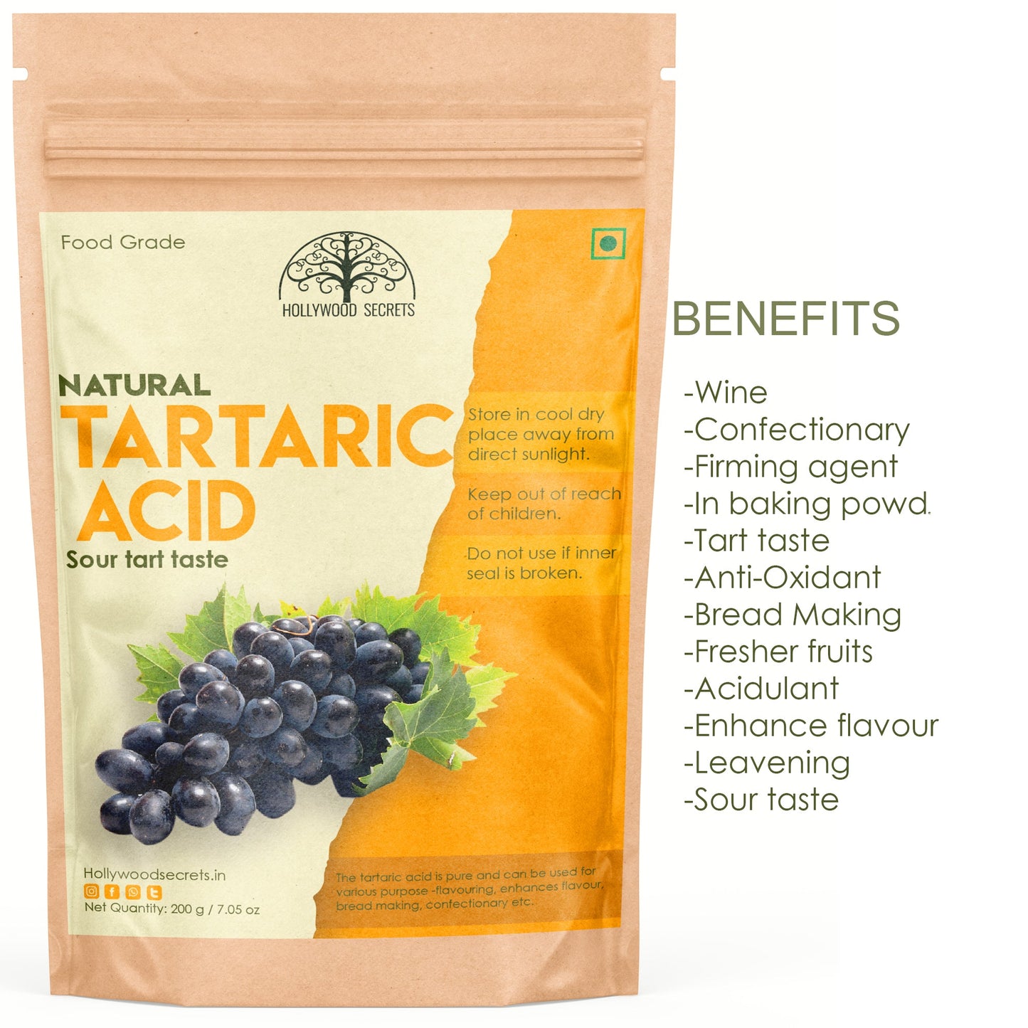 Pure Tartaric Acid Powder 200gm Hollywood Secrets