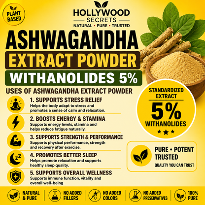 Pure Ashwagandha Extract Powder 50gm Withanolides 5% Hollywood Secrets
