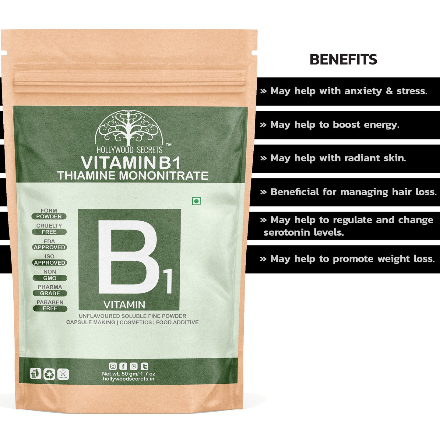 Vitamin B1 Thiamine Mononitrate Powder 50 gm Hollywood Secrets