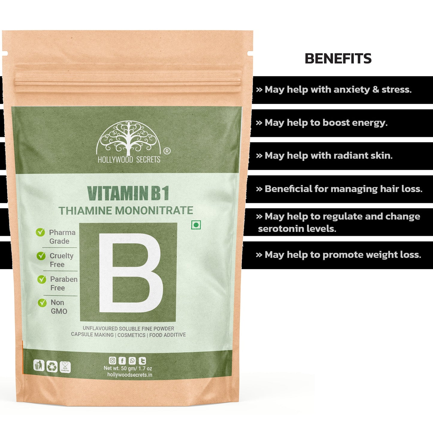 Vitamin B1 Thiamine Mononitrate Powder 50 gm Hollywood Secrets