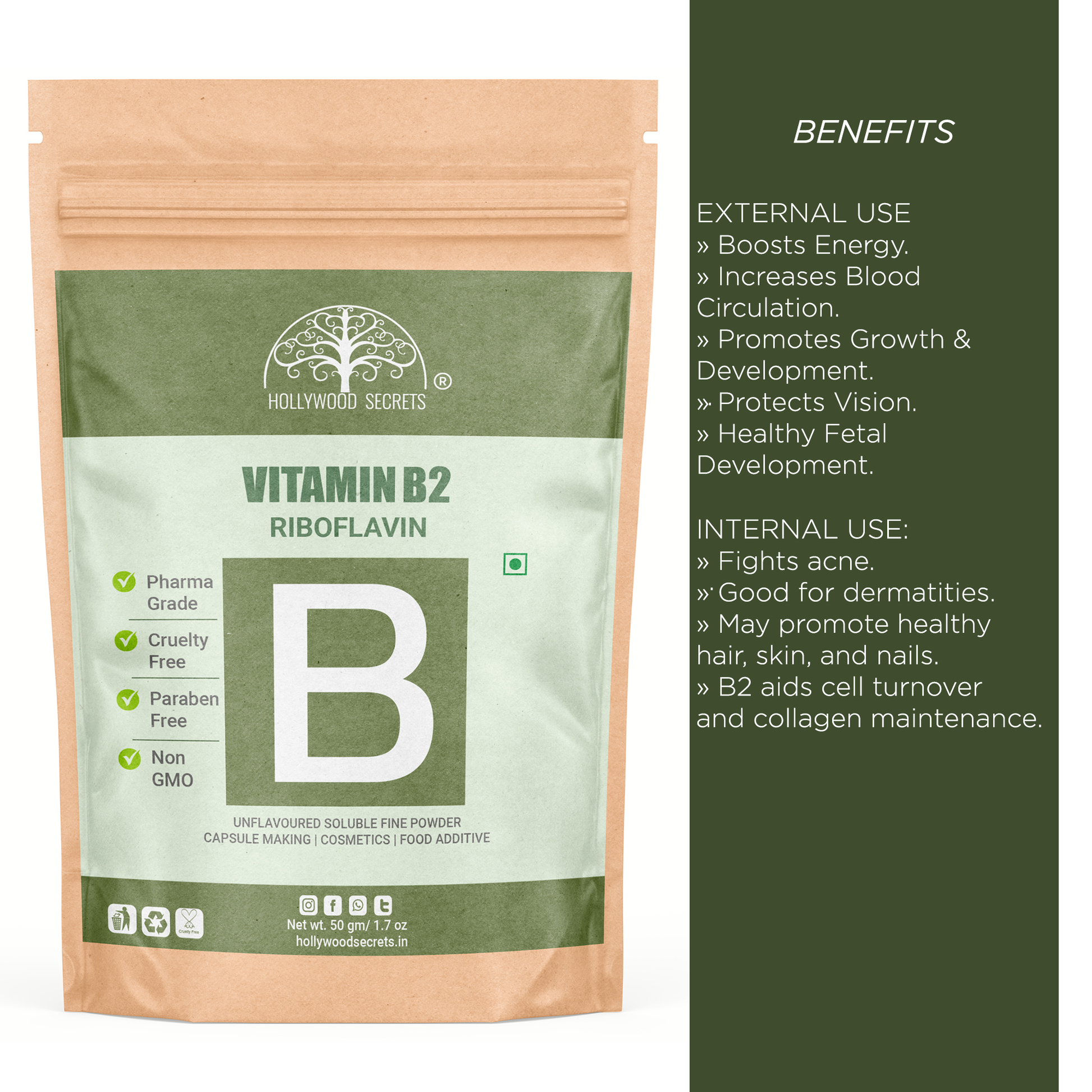 Pure Vitamin B2 Riboflavin Supplements 50gm Hollywood Secrets