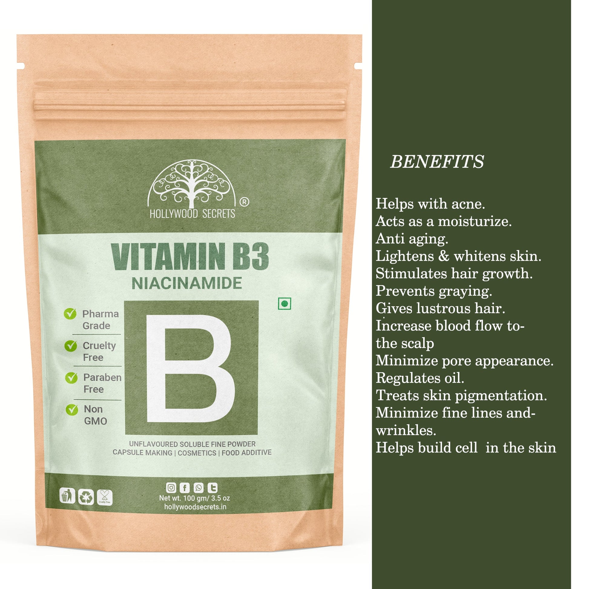 Pure Vitamin B3 (Niacinamide) Powder – 100 g Hollywood Secrets