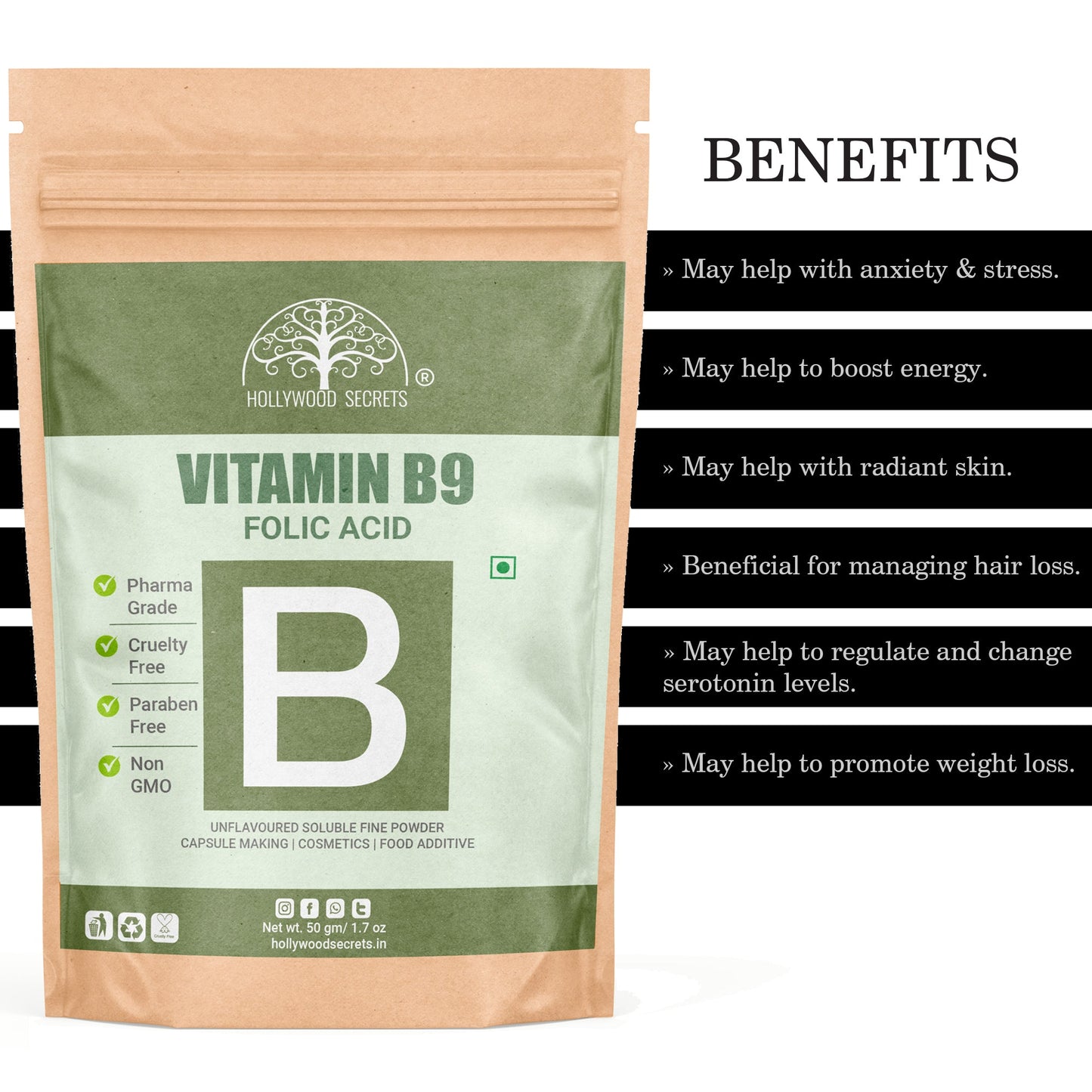 Vitamin B9 Folic Acid Powder 50gms Hollywood Secrets