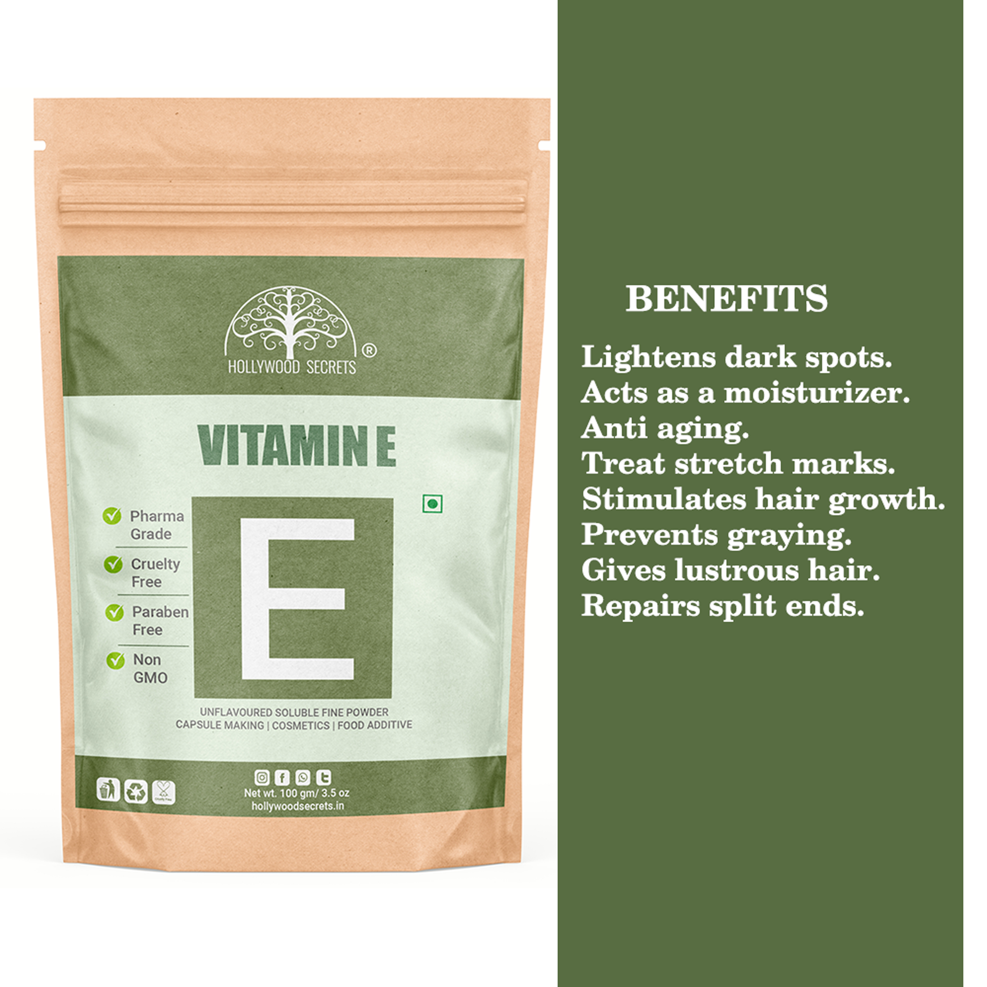 100% Pure Vitamin E Powder For Skin Hair (100 Gms) Hollywood Secrets