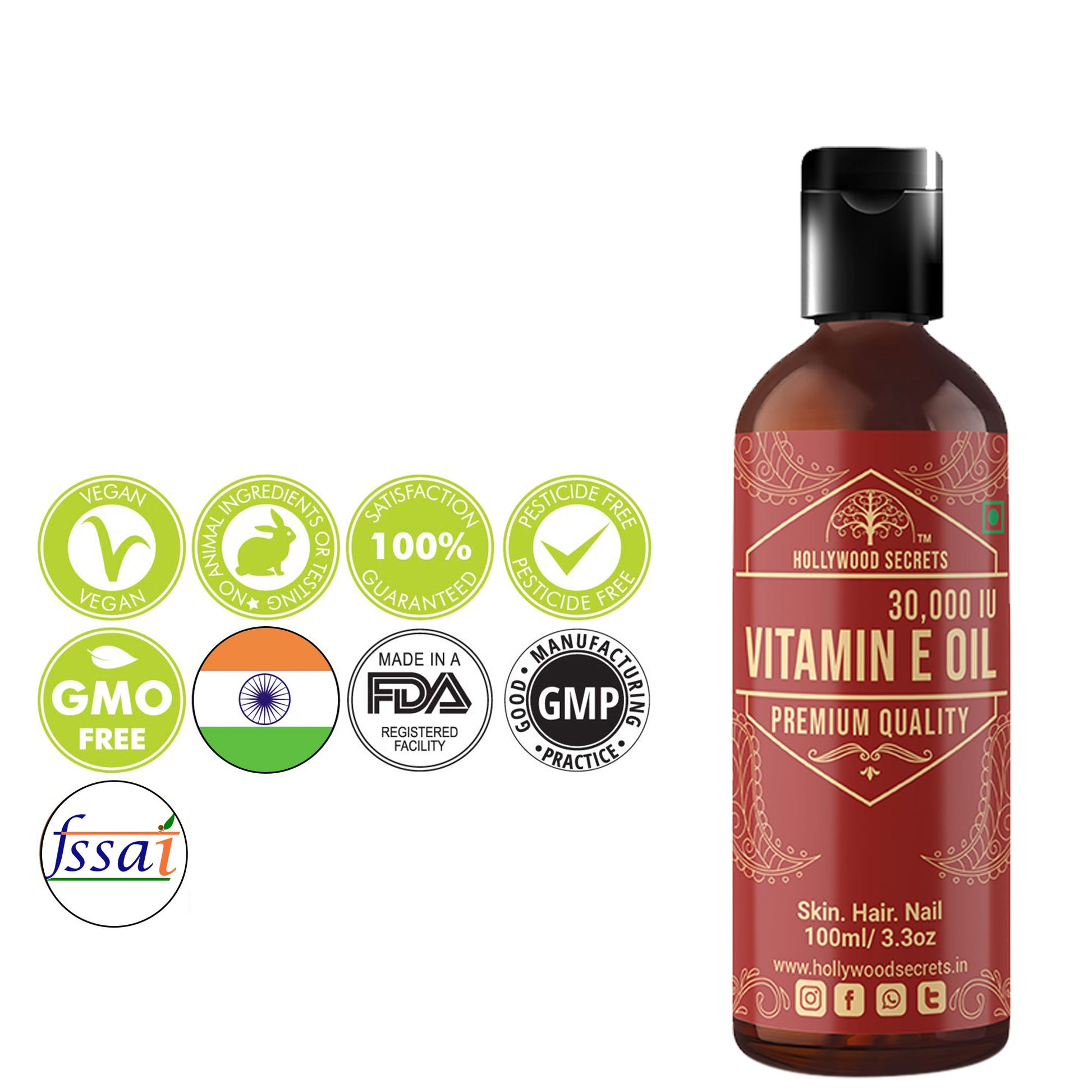 Pure Vitamin E Oil 30000 IU DL Alpha Tocopherol 100 ml Hollywood Secrets