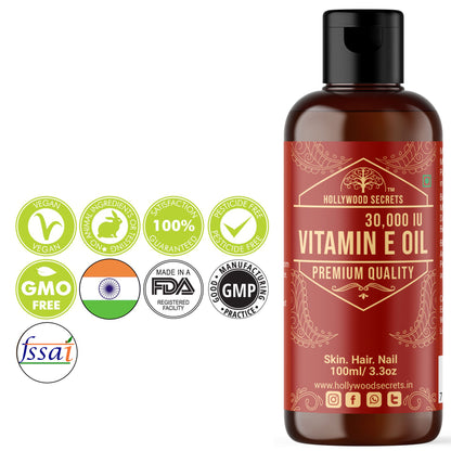 Pure Vitamin E Oil 30000 IU DL Alpha Tocopherol 100 ml Hollywood Secrets