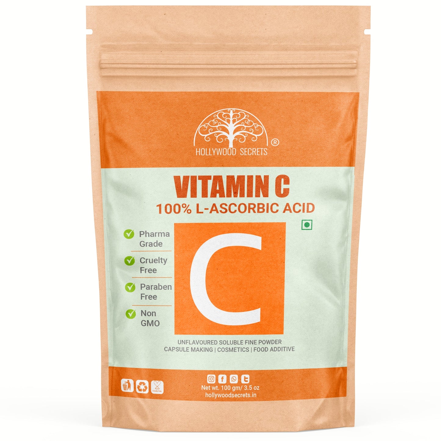 Vitamin C L-Ascorbic Powder 100gm Hollywood Secrets