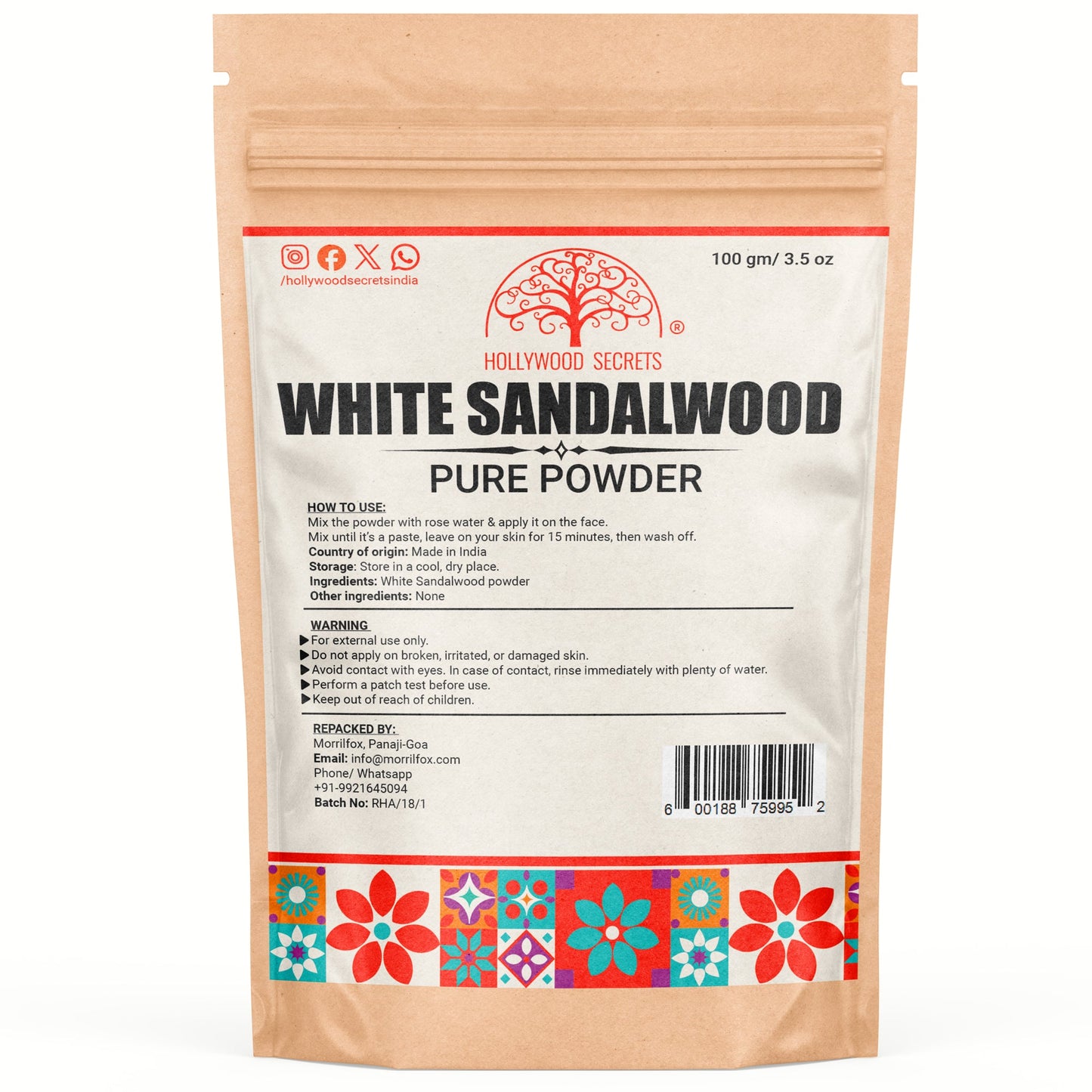 White Sandalwood  Powder – 100g with 5% Real Sandalwood Oil hollywoodsecrets