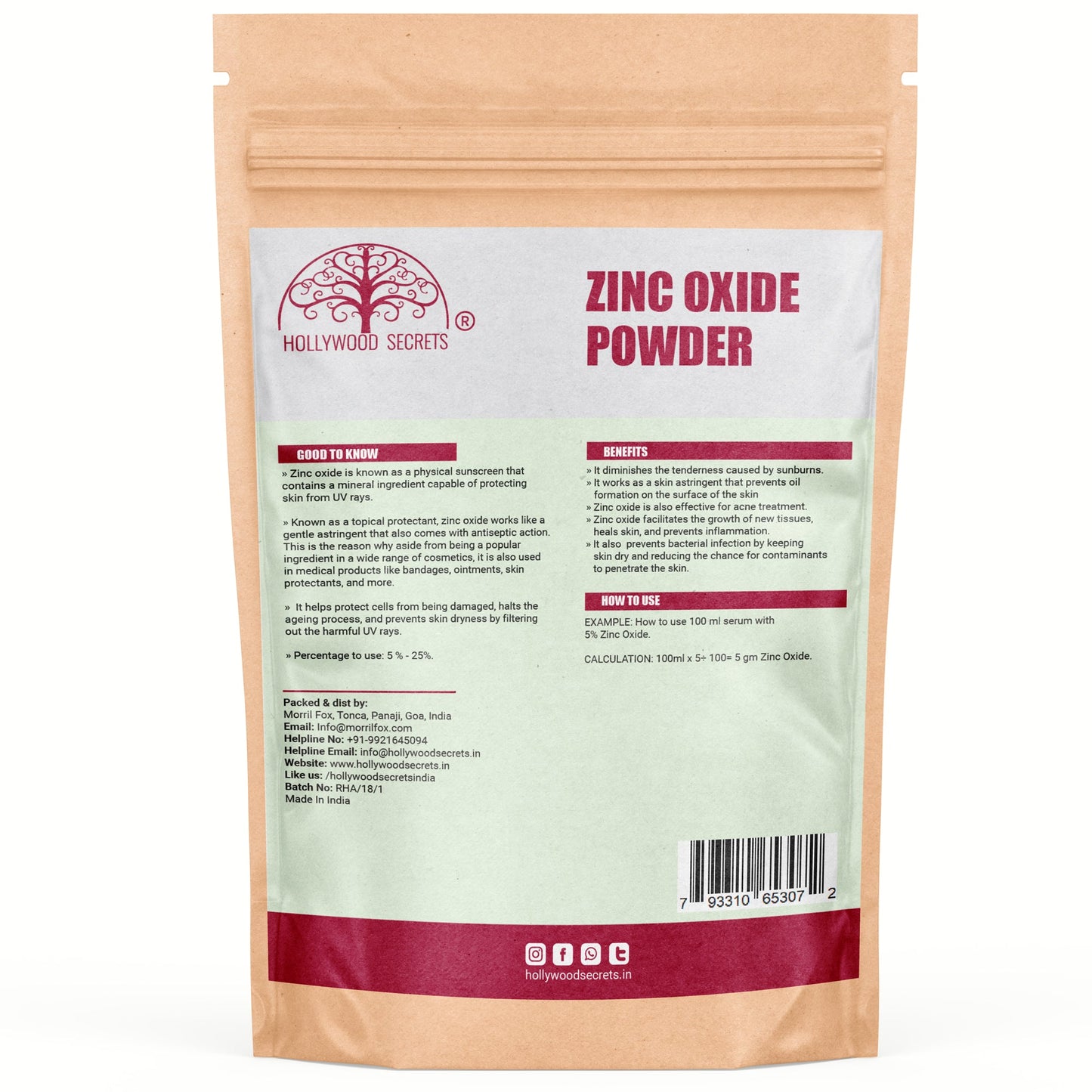 Pure Zinc Oxide Powder 100gm Hollywood Secrets