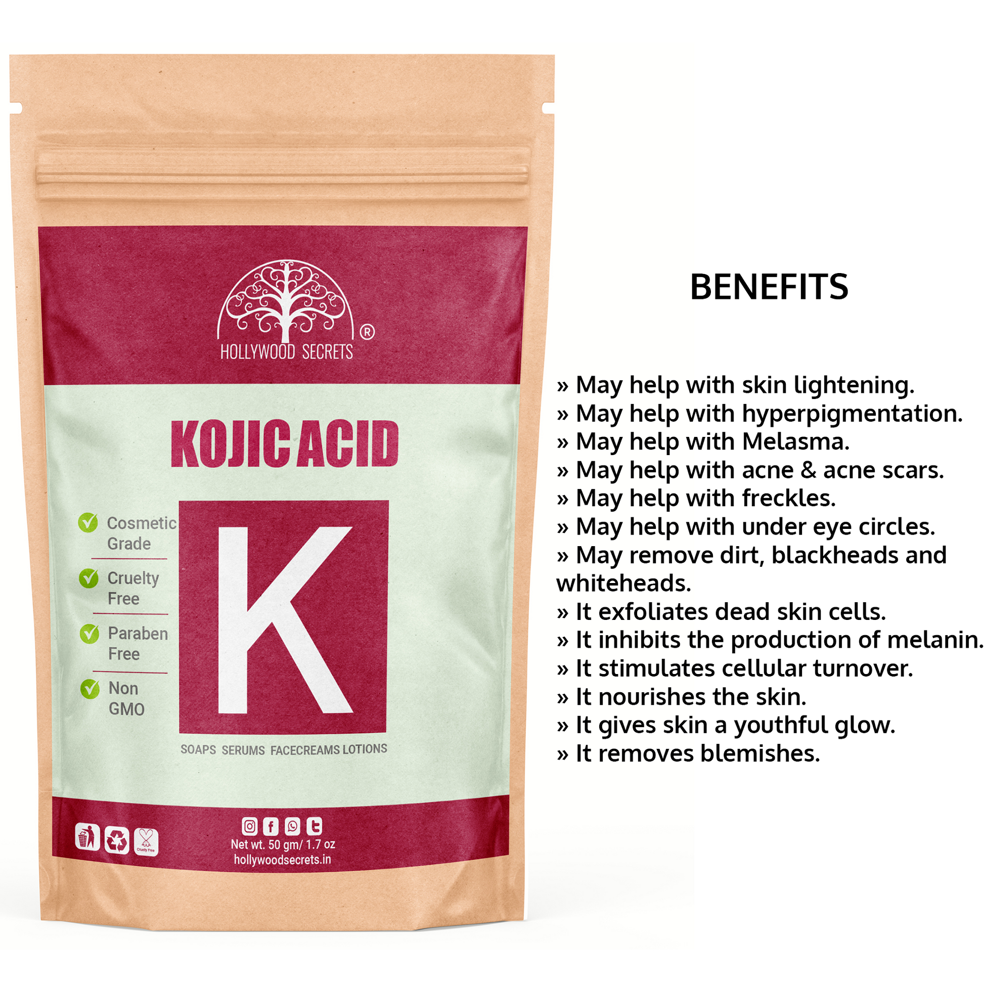 Pure Kojic Acid Powder 50gm Hollywood Secrets