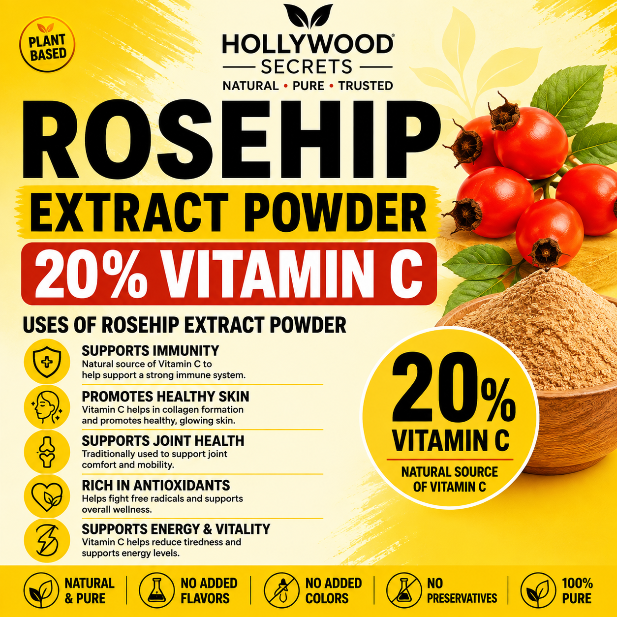 Pure Rosehip Extract Powder 20% Vitamin C 50gm Hollywood Secrets