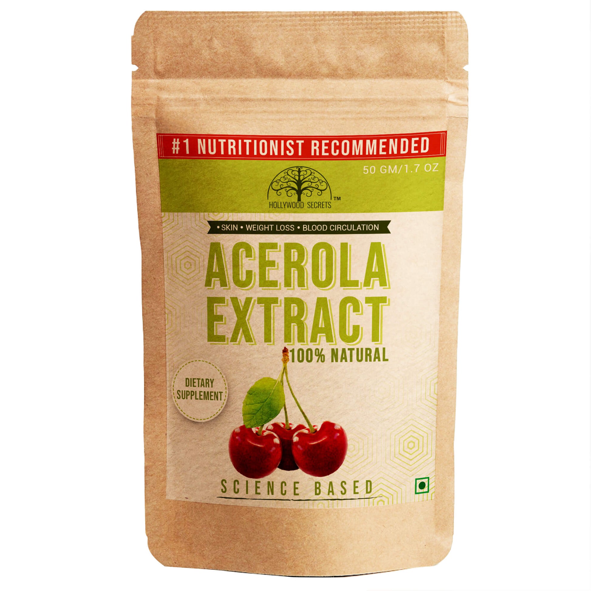Pure Acerola Extract Powder Supplements 25% Vitamin C 50gm Hollywood Secrets