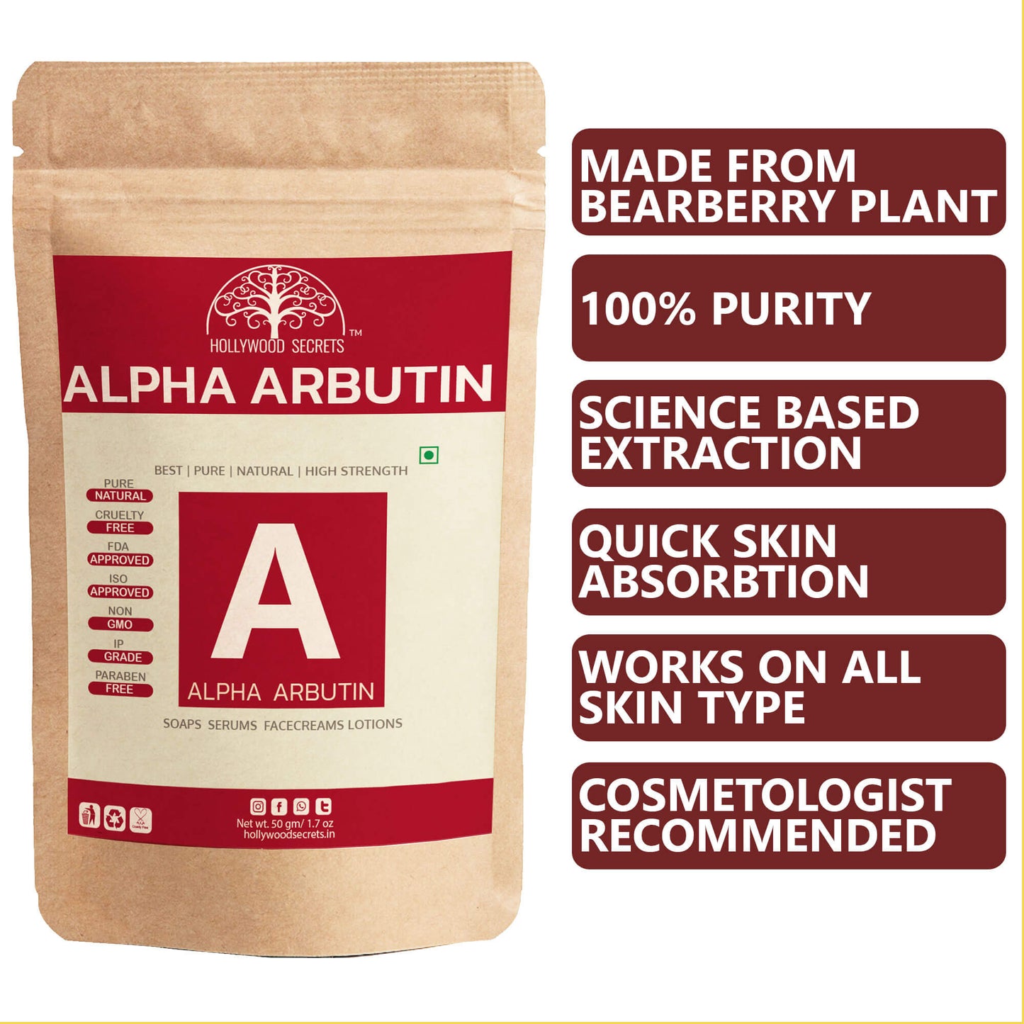 Pure Alpha Arbutin Powder 50gm Hollywood Secrets