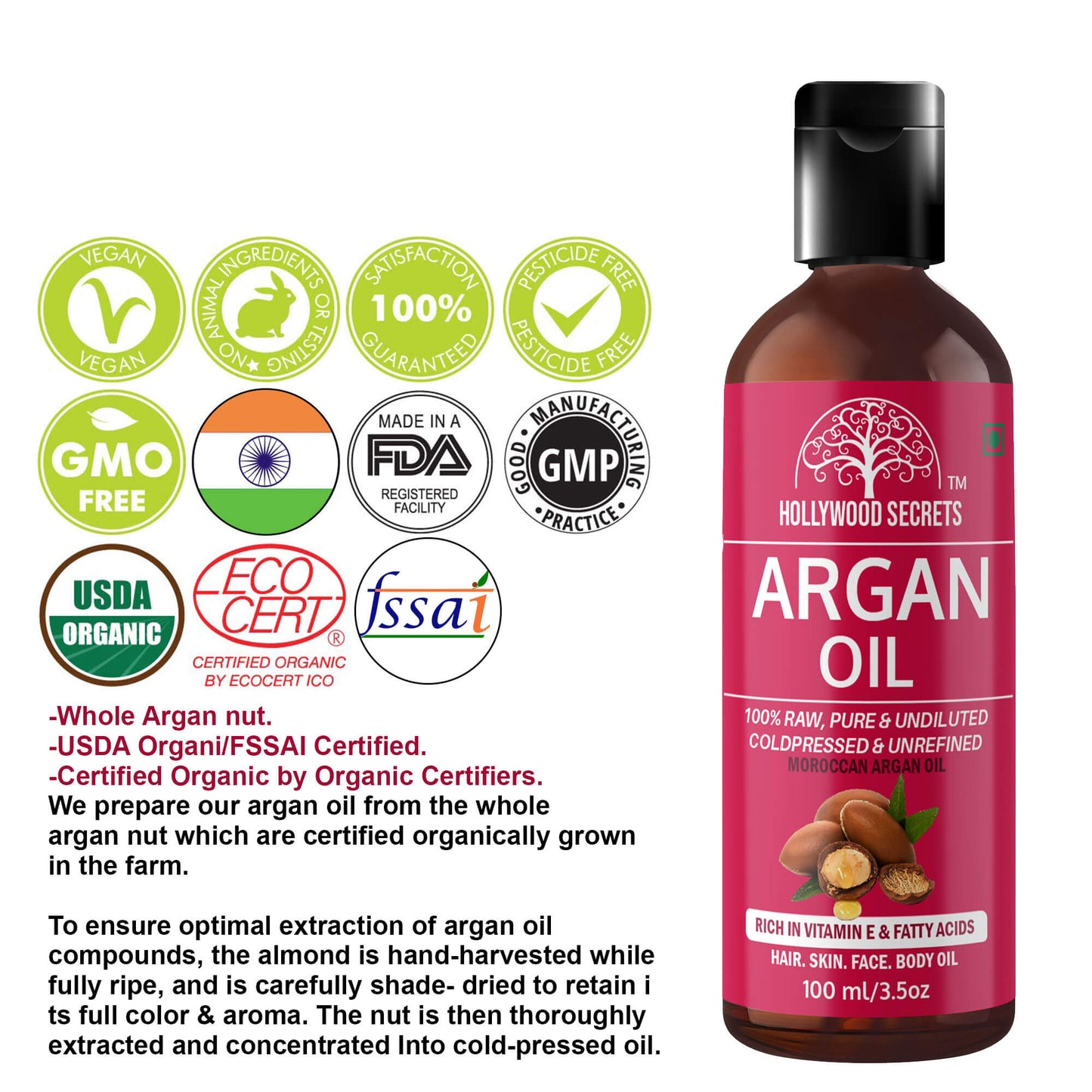 Moroccan Argan Oil Pure Cold Pressed 100ml Hollywood Secrets