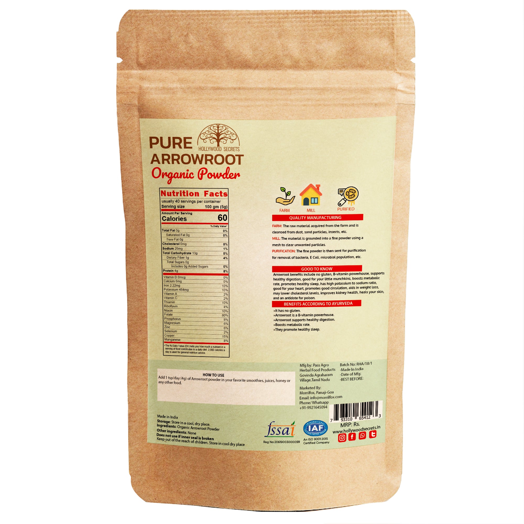 BUY Hollywood Secrets Raw Arrow Powder 200 Gms