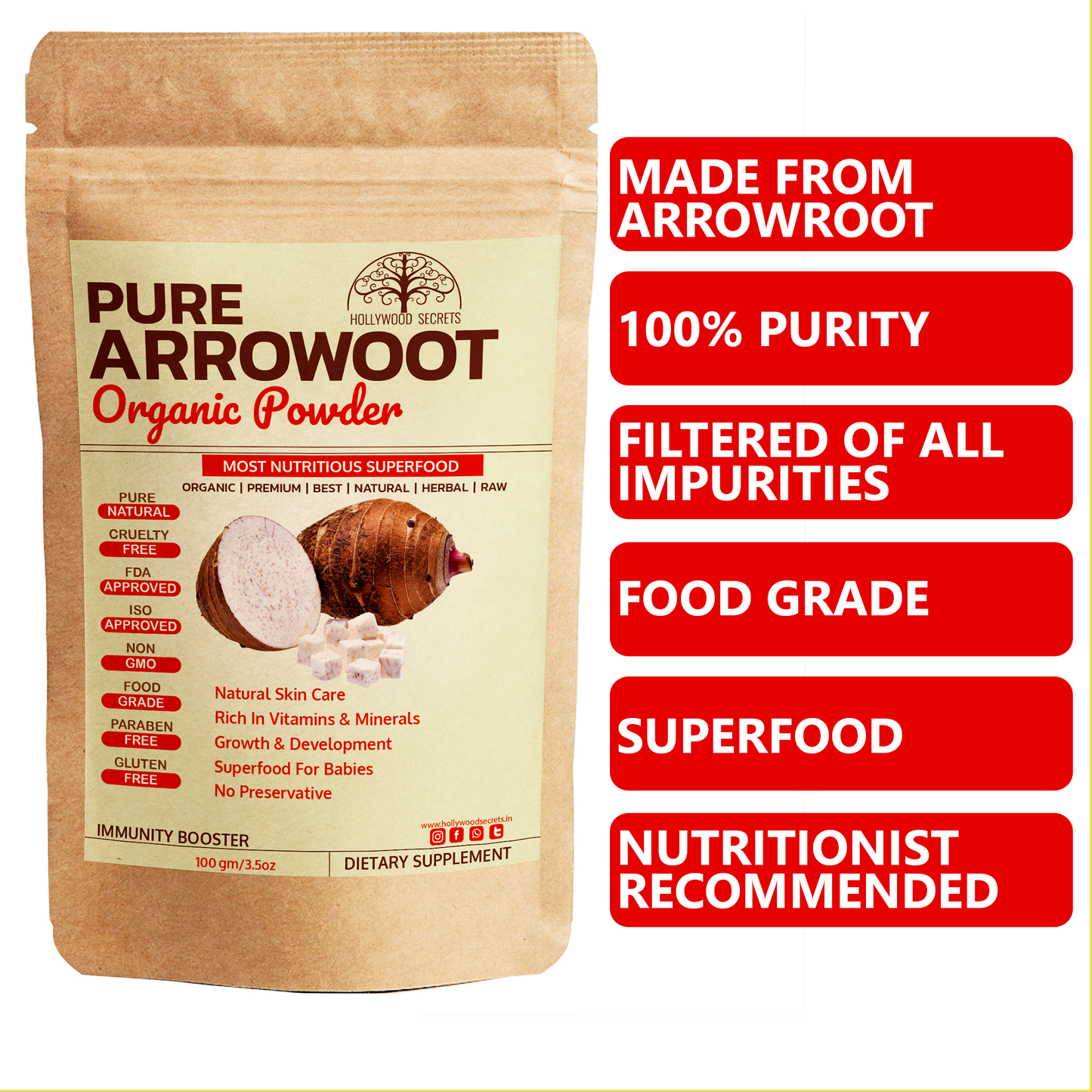 Natural Raw Arrowroot Powder 100Gms Hollywood Secrets