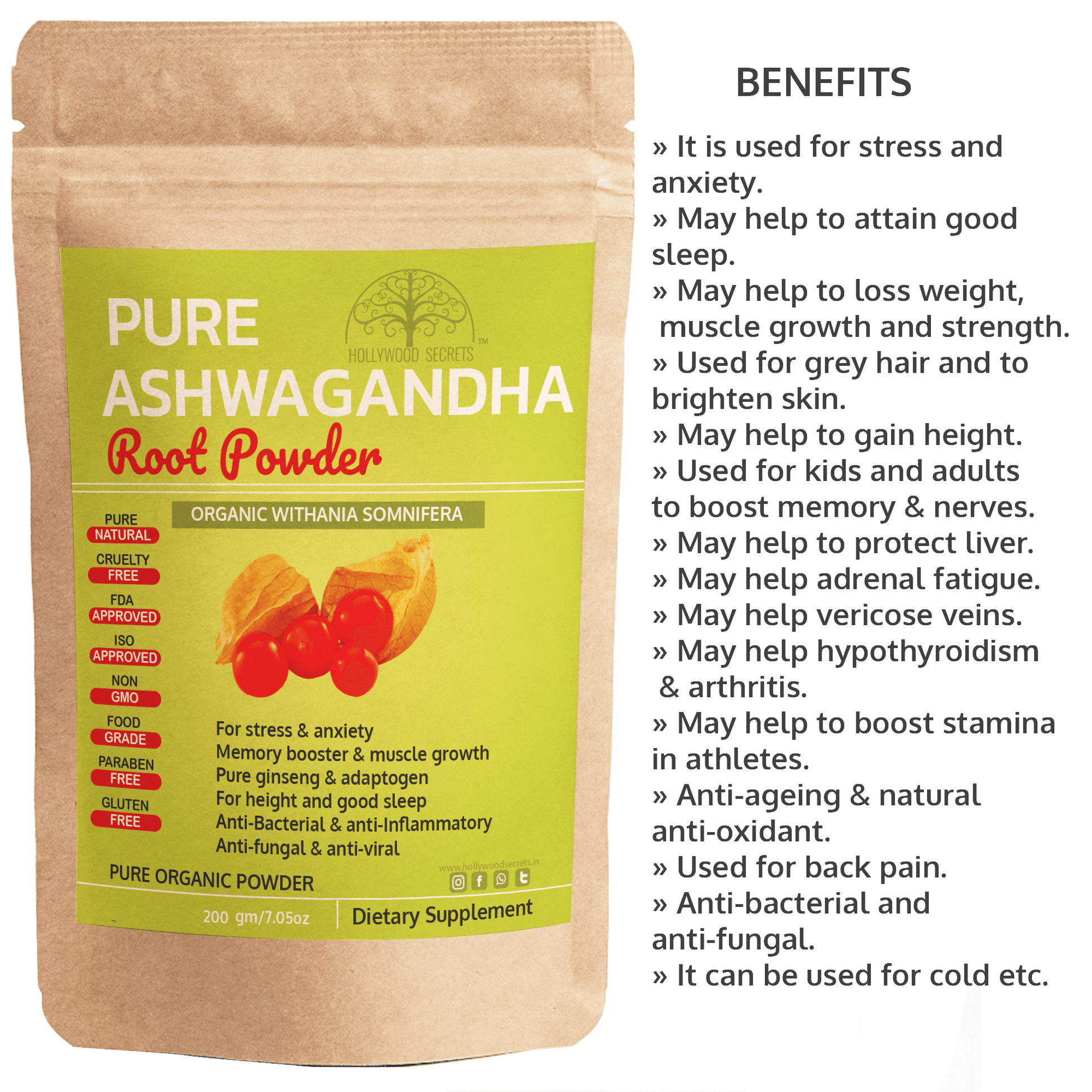 Pure Herb Ashwagandha Powder (200 Gms) Hollywood Secrets