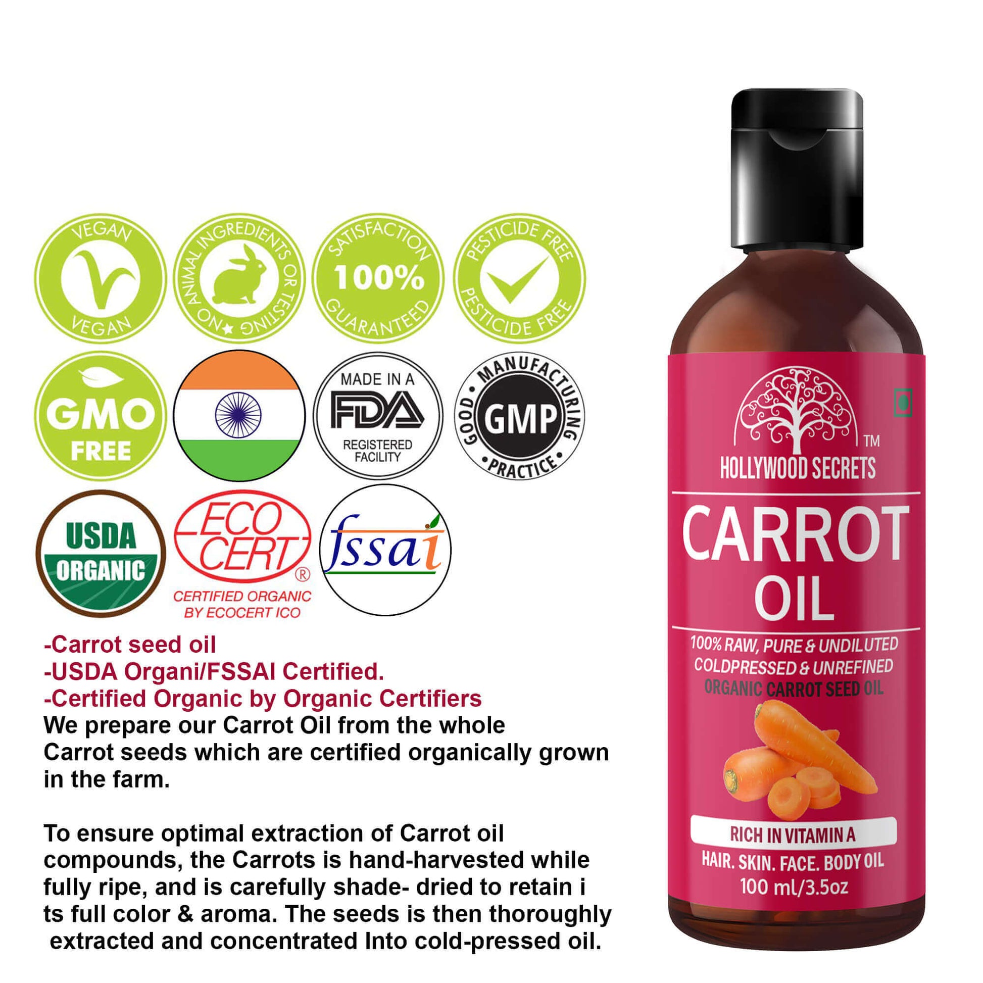 Carrot Seed Oil Pure Cold Pressed 100ml Hollywood Secrets