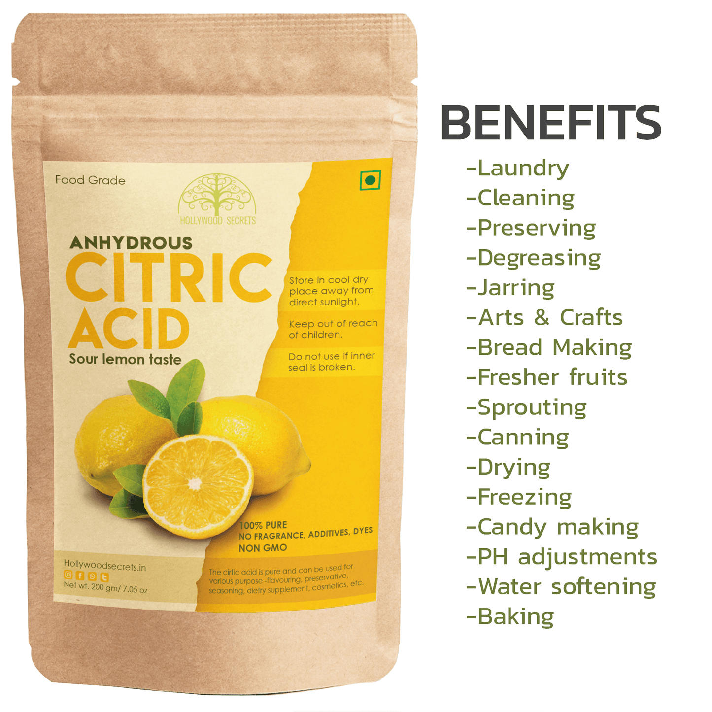 Pure Citric Acid Powder 200 Gms Hollywood Secrets