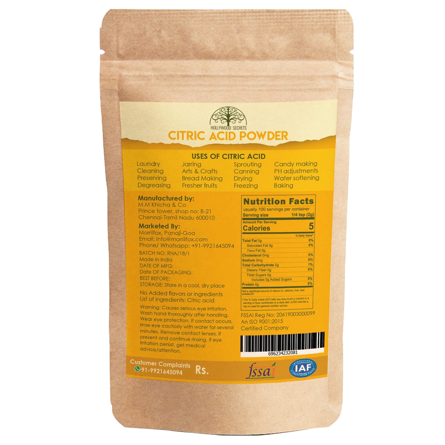 Pure Citric Acid Powder 200 Gms Hollywood Secrets