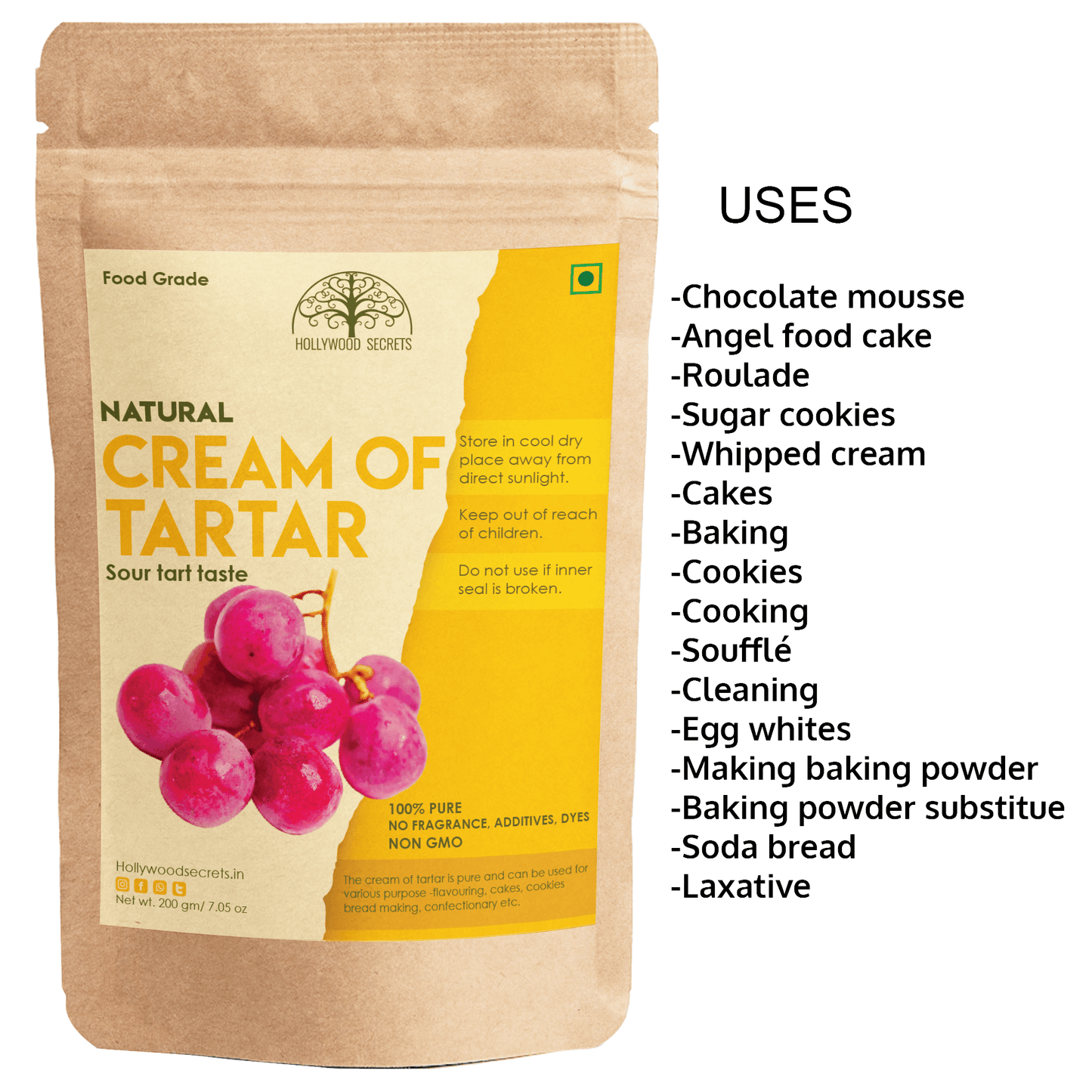 Pure Cream Of Tartar Powder (200 Gms) Hollywood Secrets