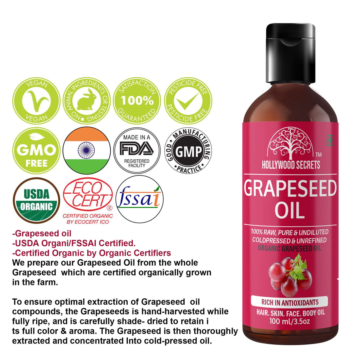 Grapeseed Oil Pure Cold Pressed 100ml Hollywood Secrets