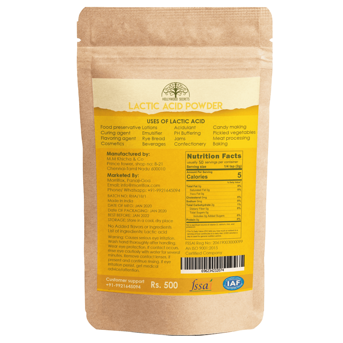 Pure Lactic Acid Powder (100 Gms) Hollywood Secrets