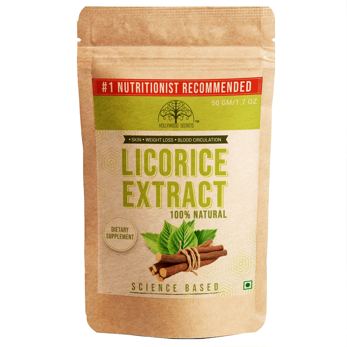 Pure Licorice Mulethi Extract Powder 10% Glycyrrhizin 50gm Hollywood Secrets