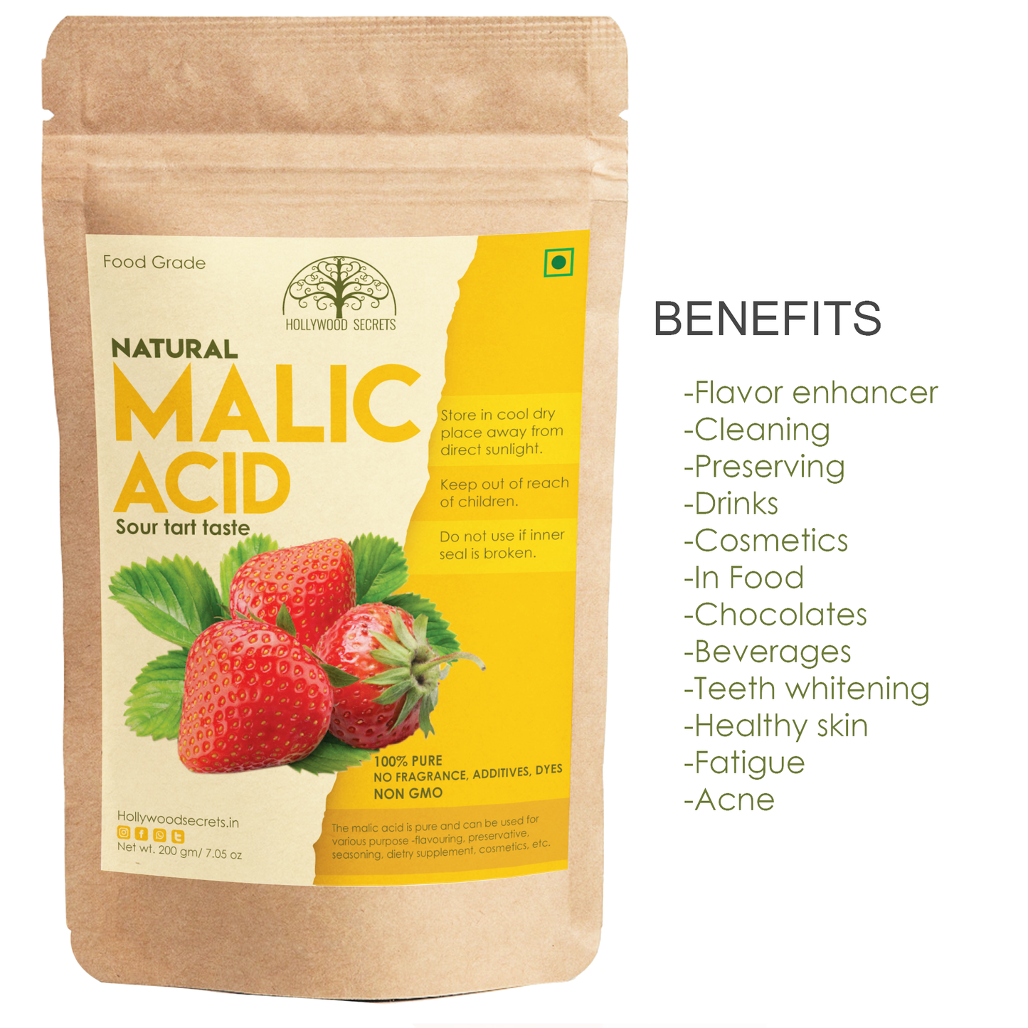 Pure Malic Acid Powder (200 Gms) Hollywood Secrets