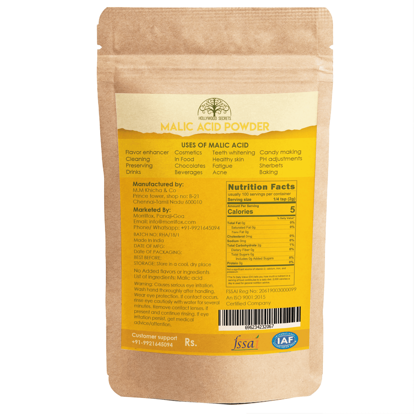 Pure Malic Acid Powder (200 Gms) Hollywood Secrets