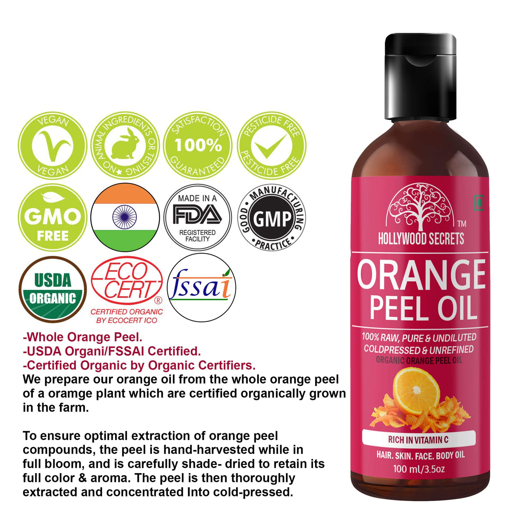 Orange Peel Oil Pure Cold Pressed 100ml Hollywood Secrets