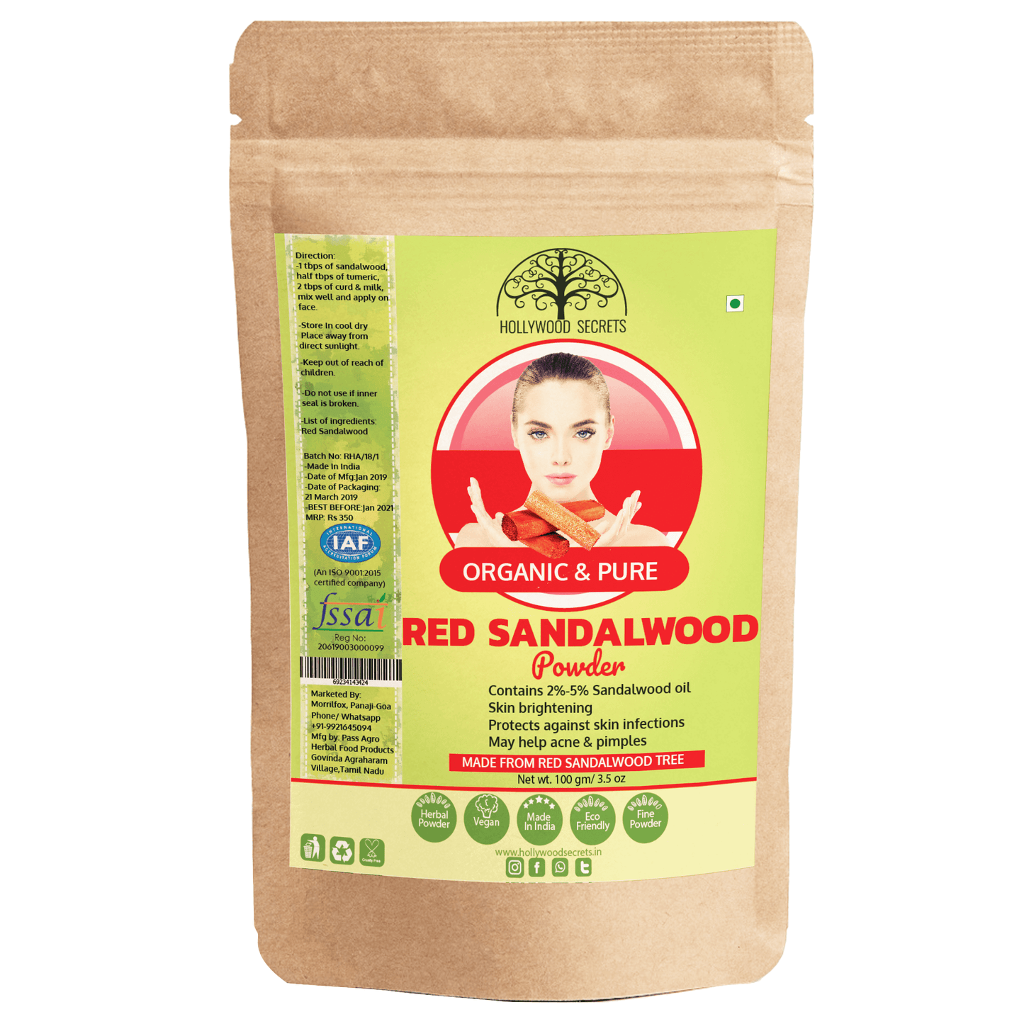 Organic Red Sandalwood Powder Lal Chandan Oil (100 Gms) Hollywood Secrets