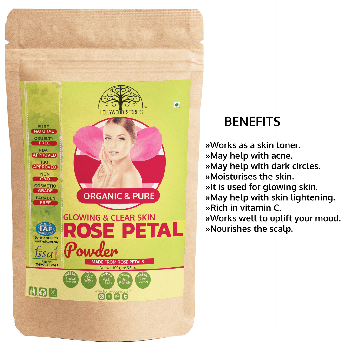 Natural Rose Petal Powder For Skin (100 Gms) hollywoodsecrets