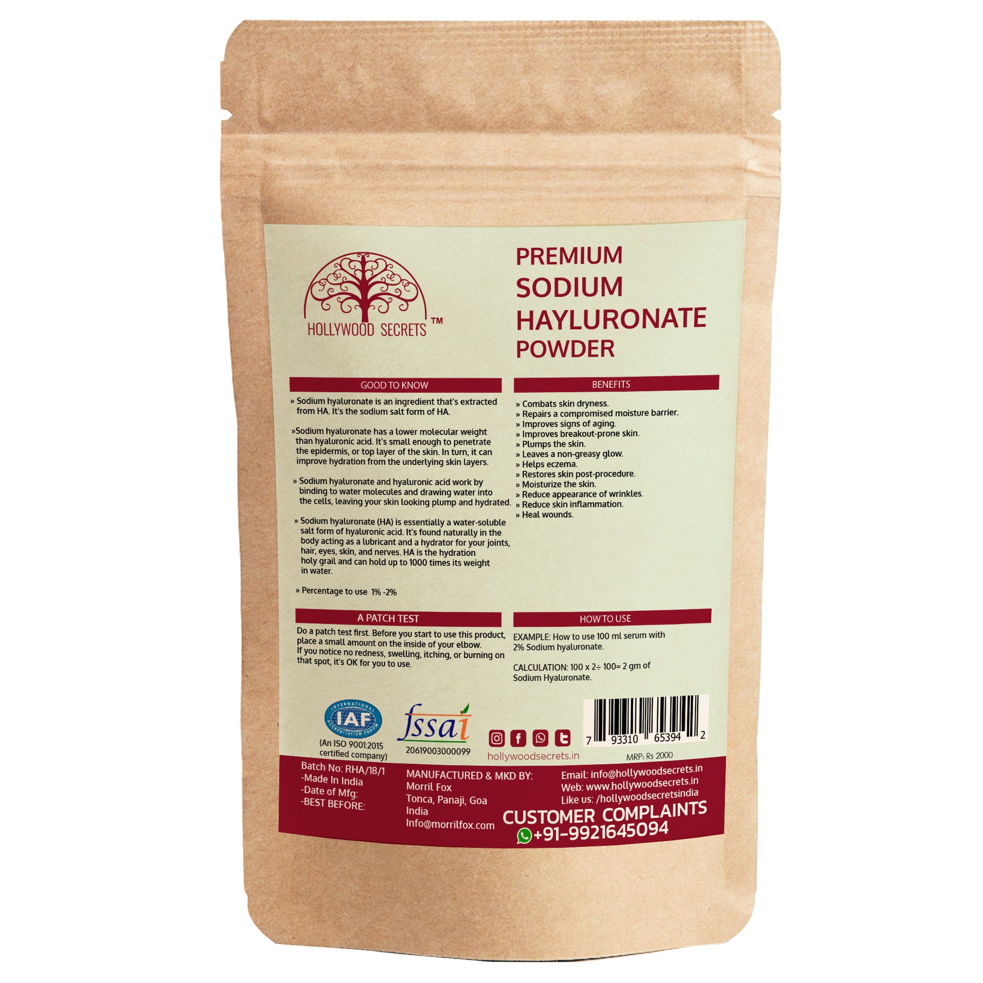 Sodium Hyaluronate Powder 50gms (Pure) Hollywood Secrets