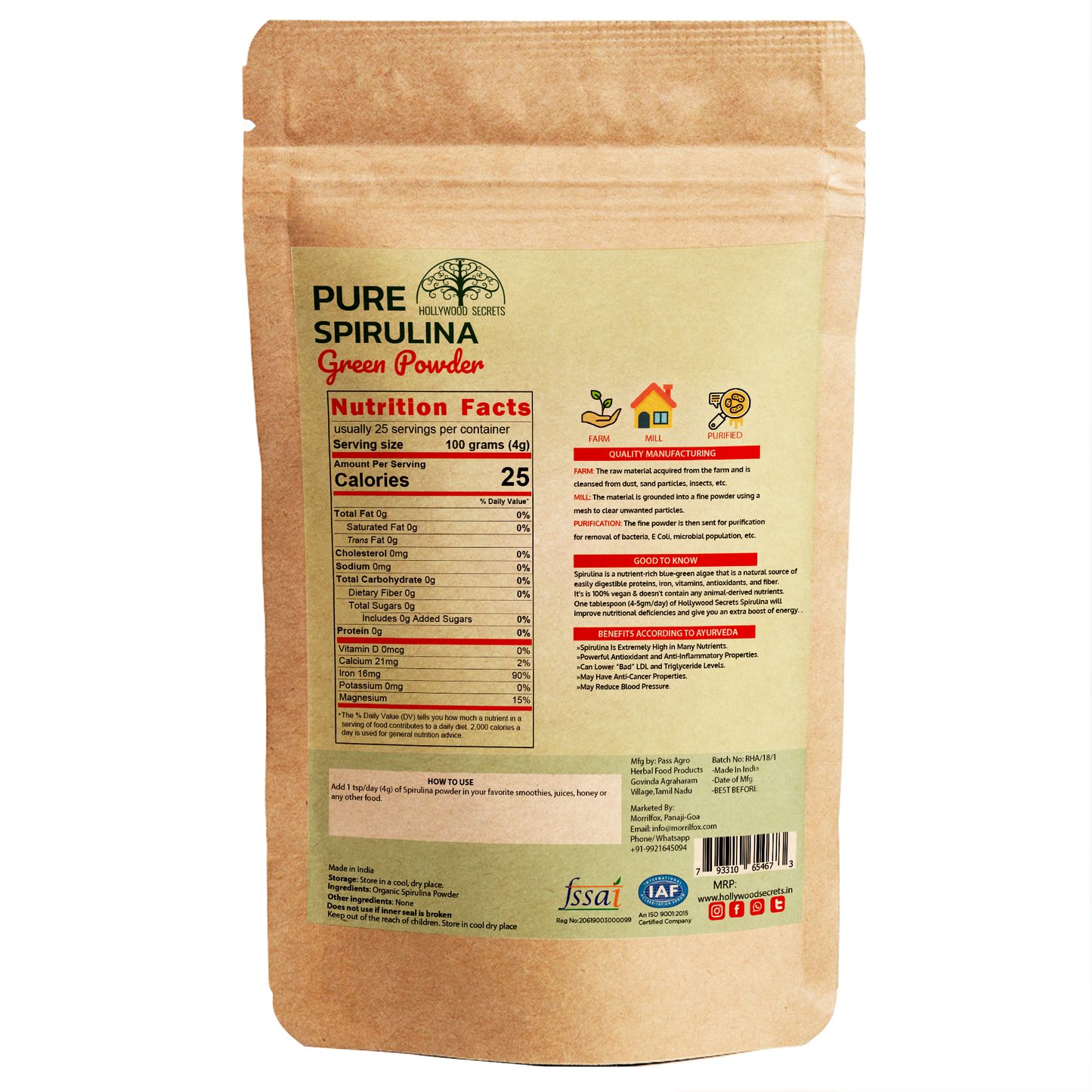 Organic Spirulina Powder 100Gms Hollywood Secrets