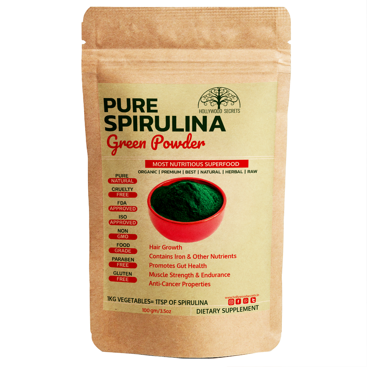 Organic Spirulina Powder 100Gms Hollywood Secrets